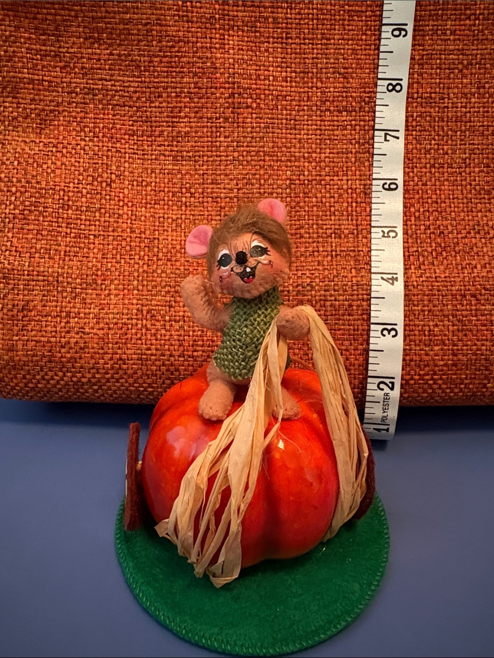 Annalee Snall  Plush Mouse on Orange Pumpkin Decor - Green Sweater